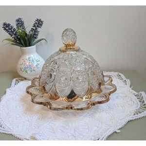 Vintage Covered Candy Dish with Lid – Cut Glass Dome Dish, Gold Trim Glass Plate